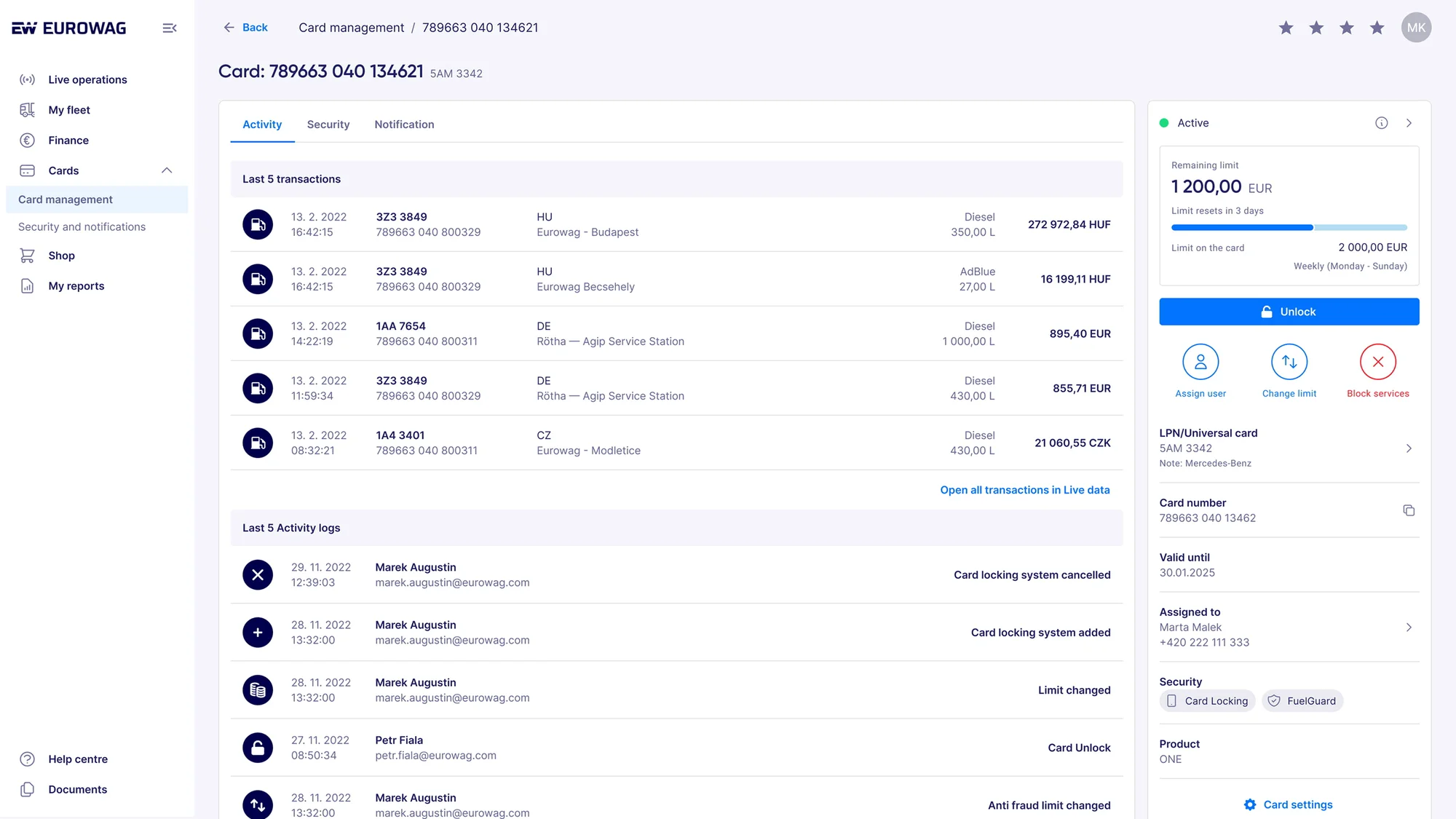 Card detail, Activity tab: the last 5 transactions and the last 5 activity logs next to the card summary