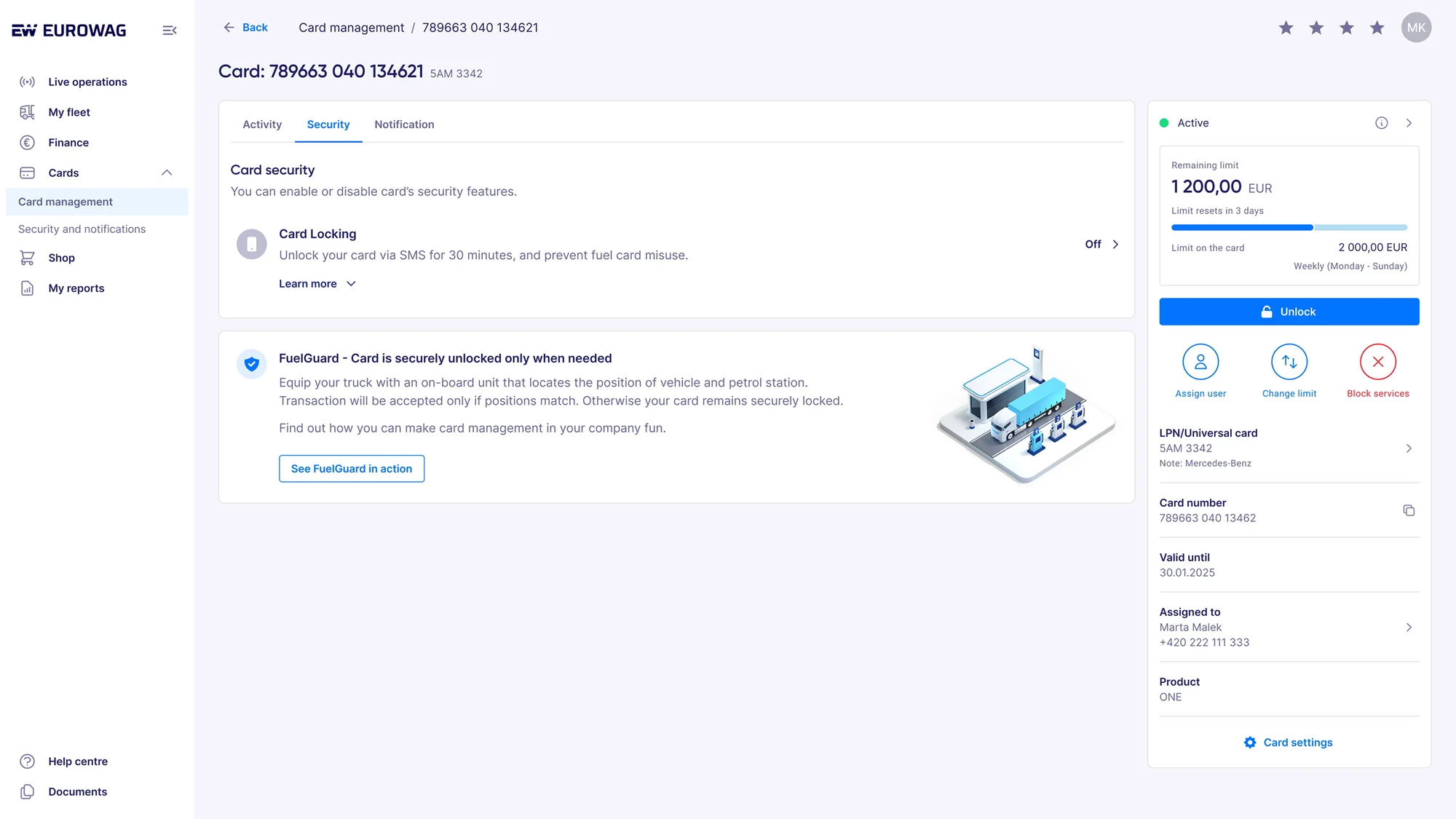 Card detail, Security tab with Card Locking off and a banner that explains FuelGuard