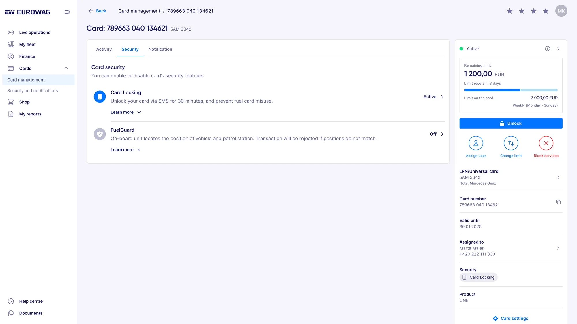 Card detail, Security tab: Card Locking and FuelGuard, each with a short explanation and its status
