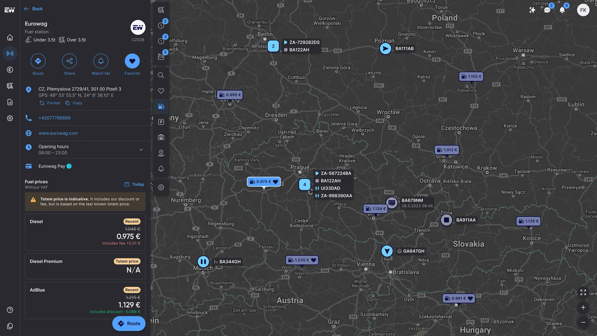 Live Map in dark mode: fuel stations with prices on the map and fuel prices for the selected station