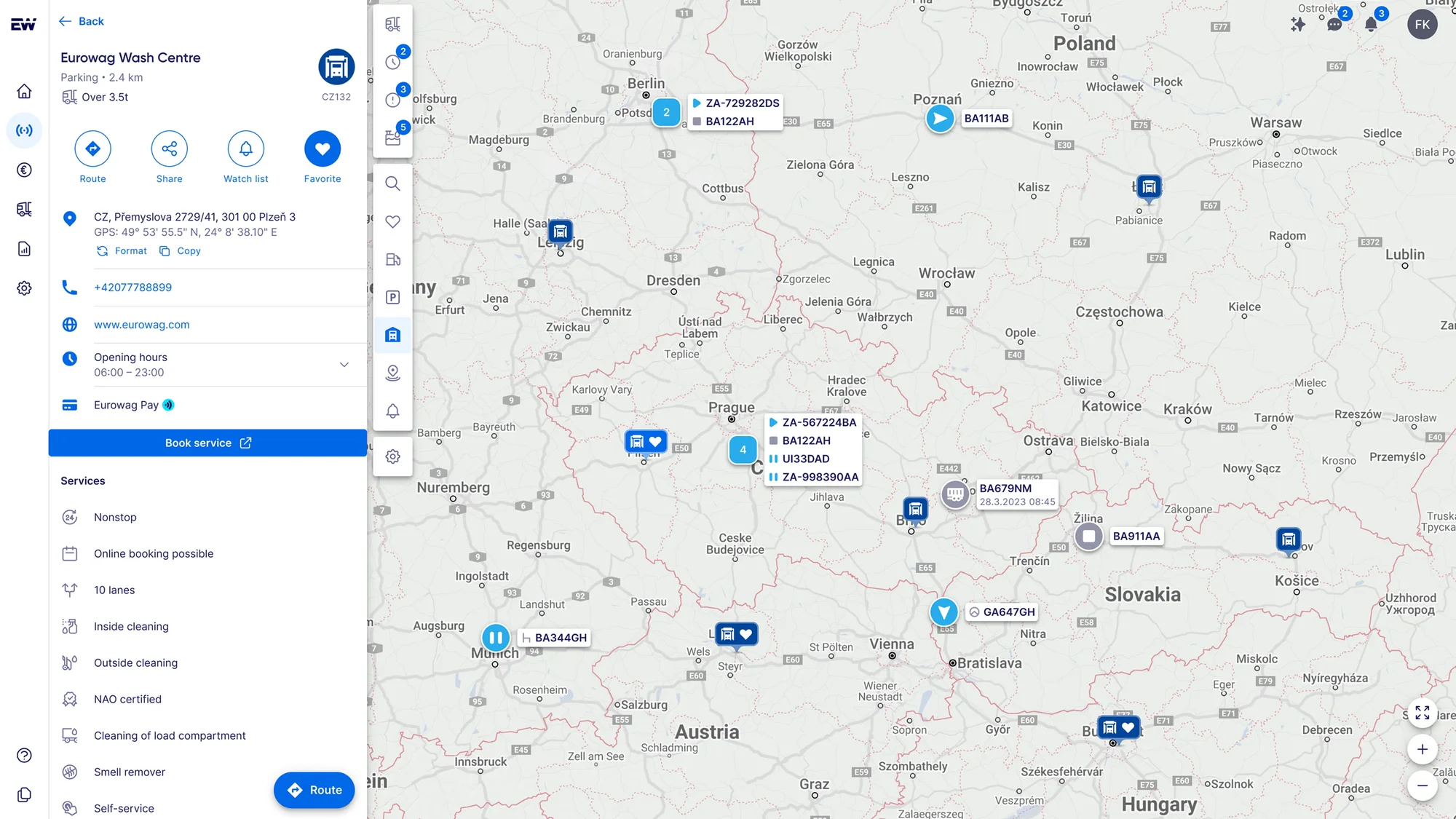 Live Map with a selected truck wash: address, opening hours, services and a button to plan a route