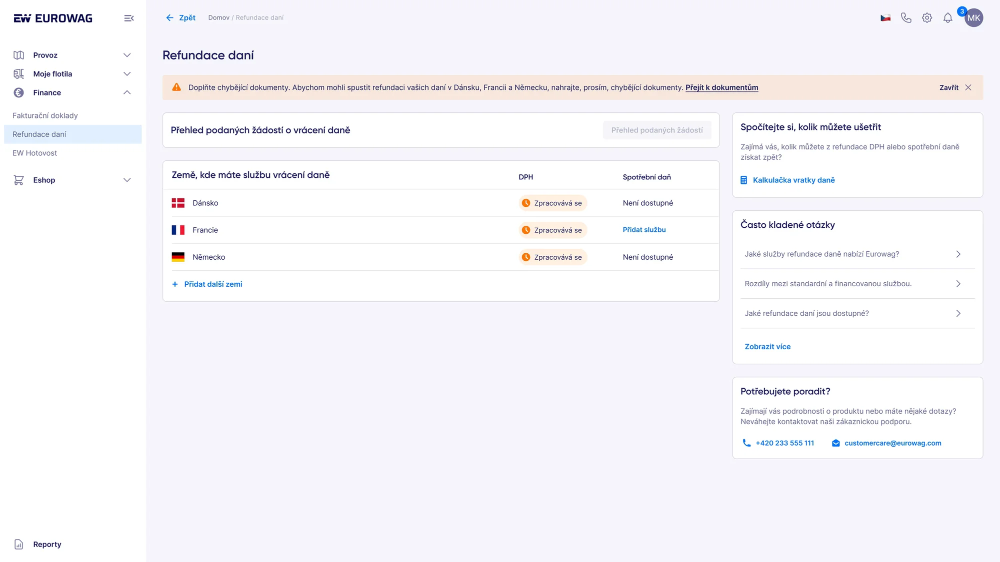Tax refunds overview: countries with an active refund service and the status of each request