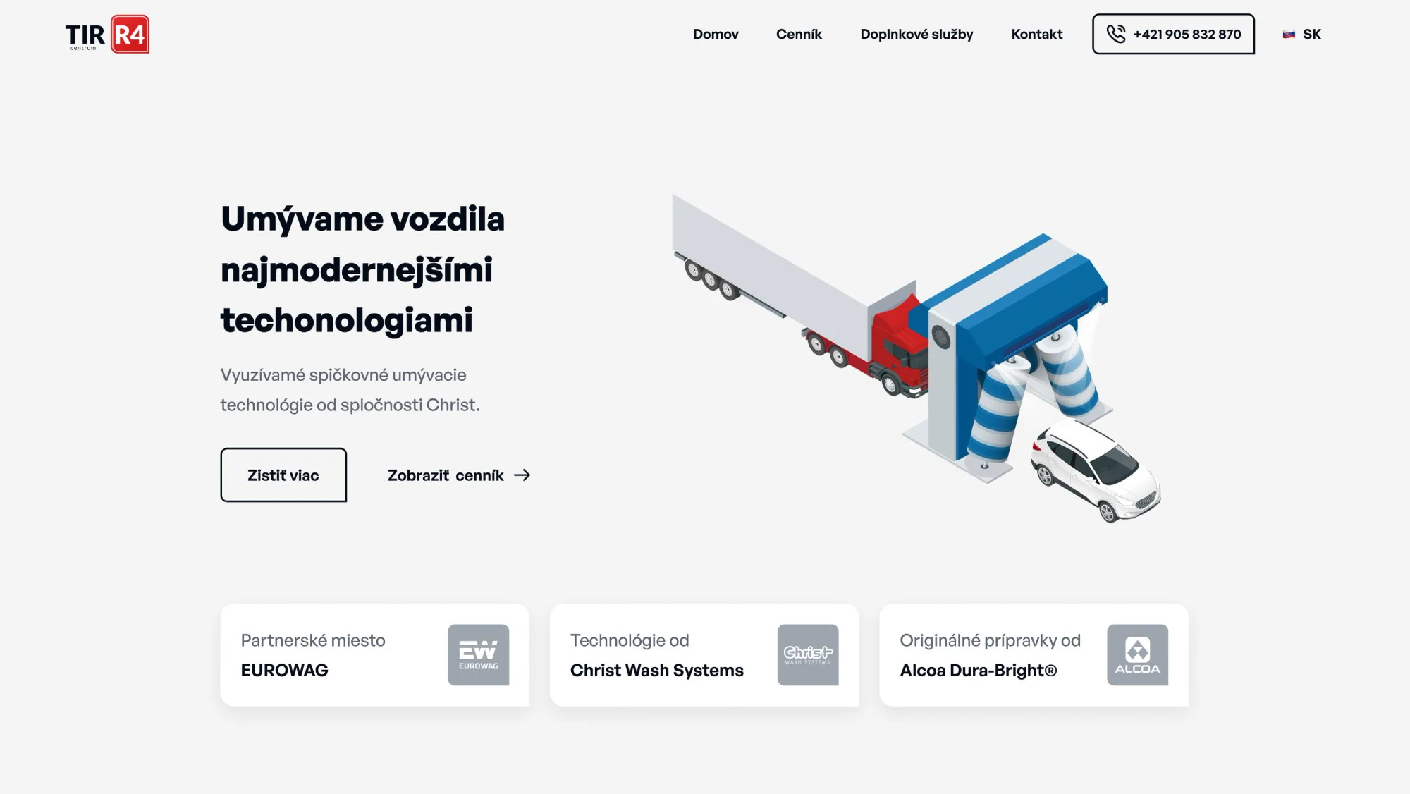 TIR Centrum R4 website: an illustrated truck wash with partner cards for EUROWAG, Christ Wash Systems and Alcoa
