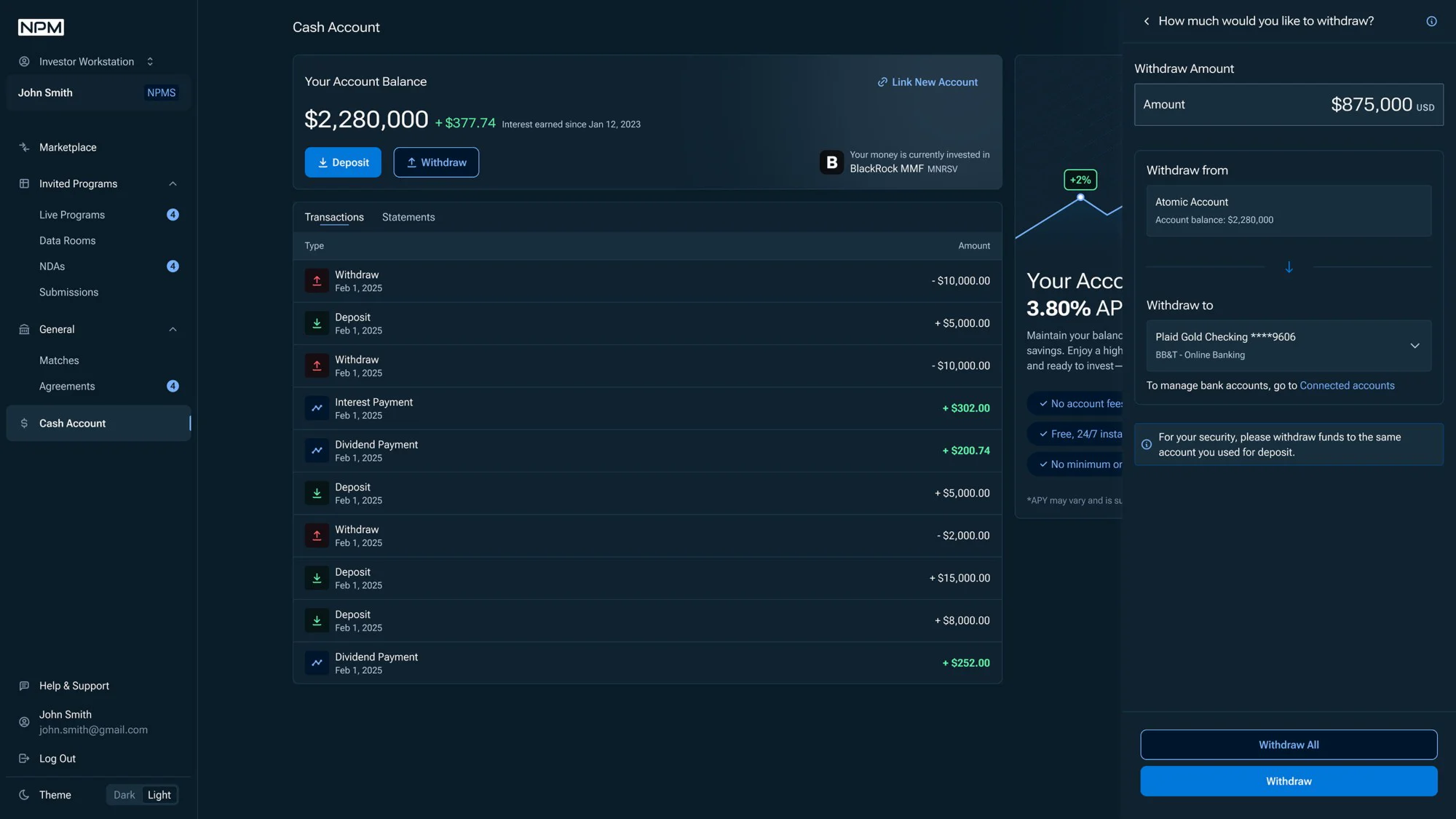 Cash account in dark mode with the account balance, transactions and a withdraw panel