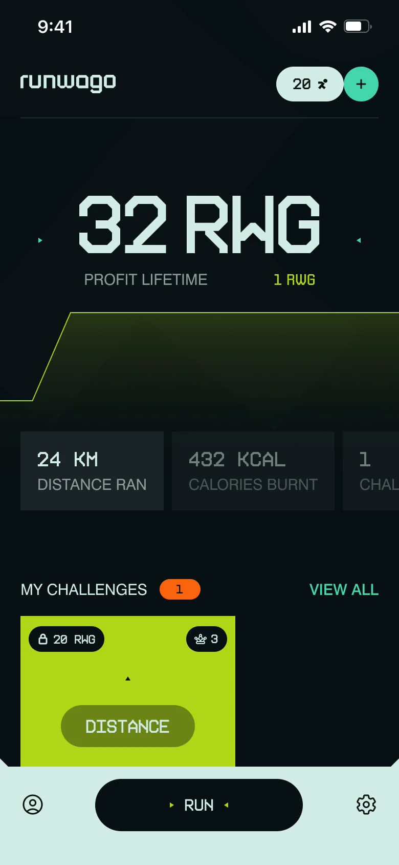 Home screen with lifetime profit in RWG tokens, running stats and the active challenge card