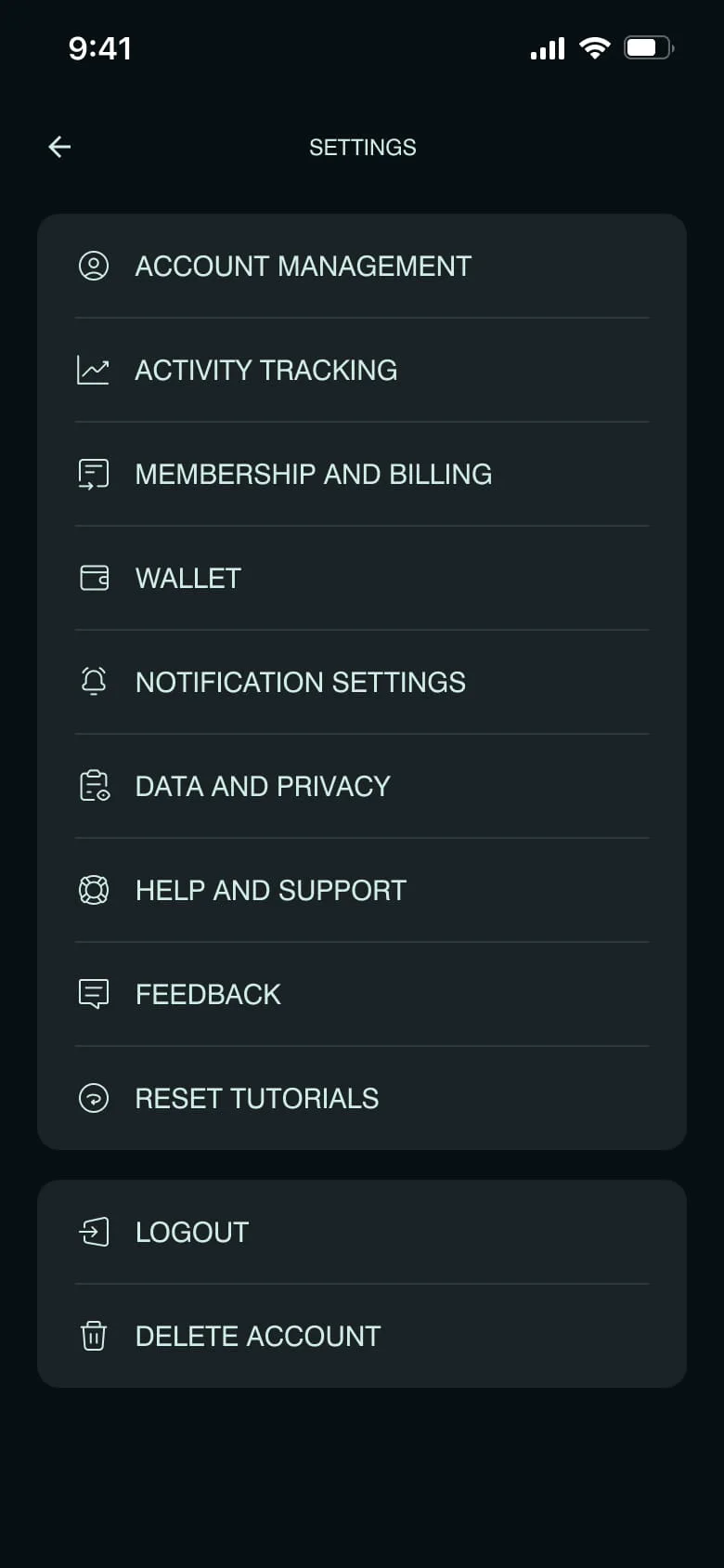 Settings: account, activity tracking, membership and billing, wallet, notifications and support