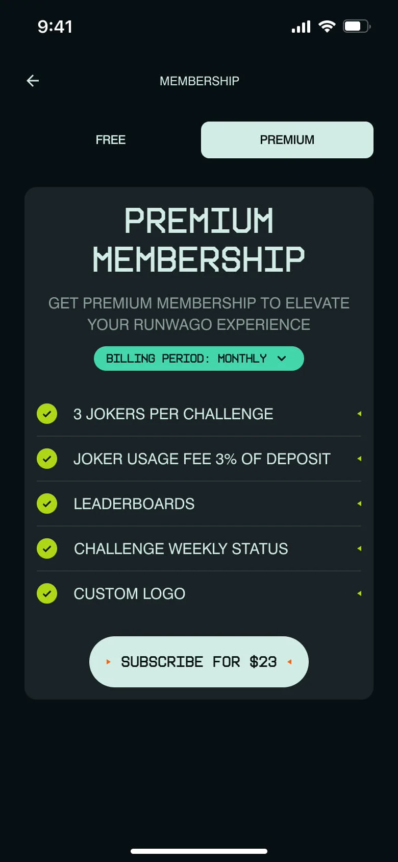 Premium membership plan with jokers, leaderboards and a subscribe button