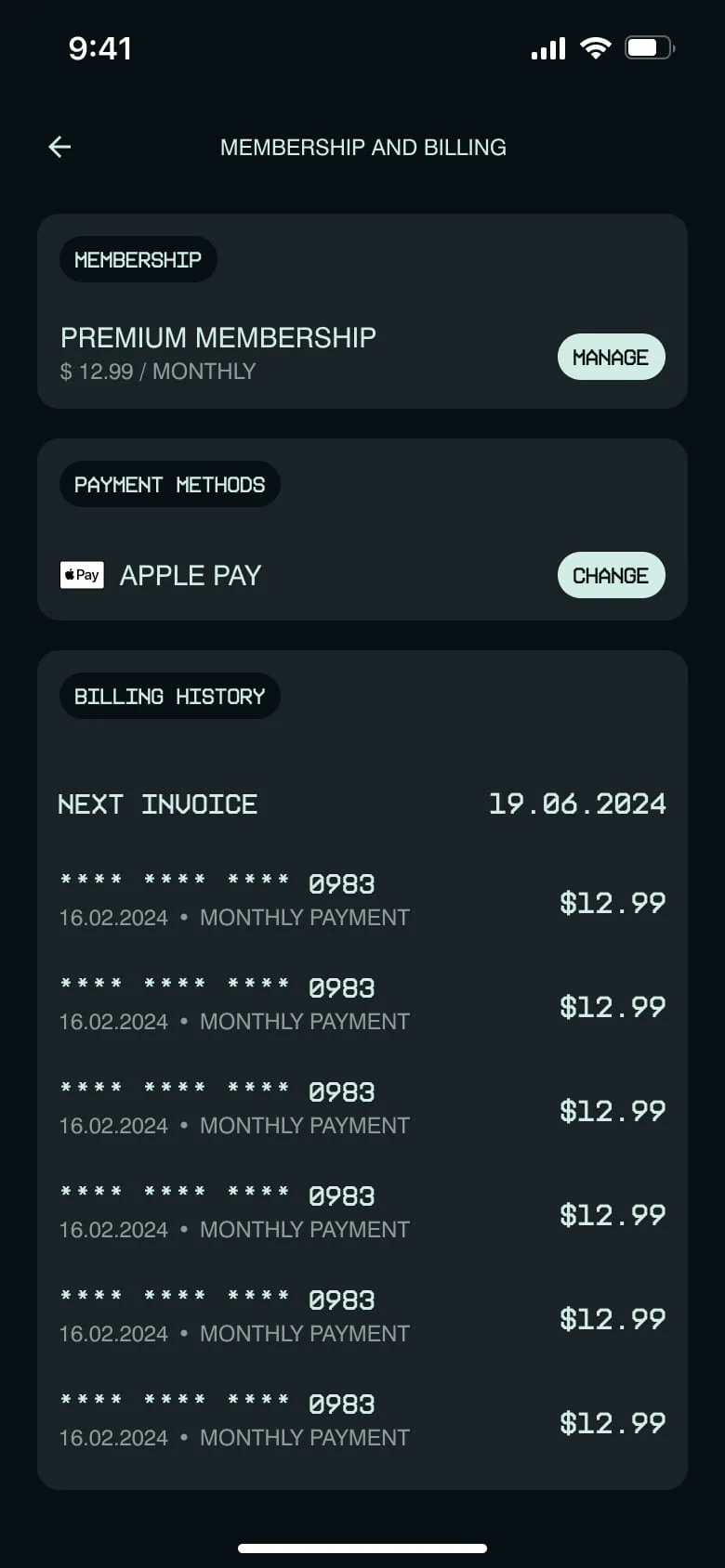 Membership and billing: current plan, Apple Pay and billing history