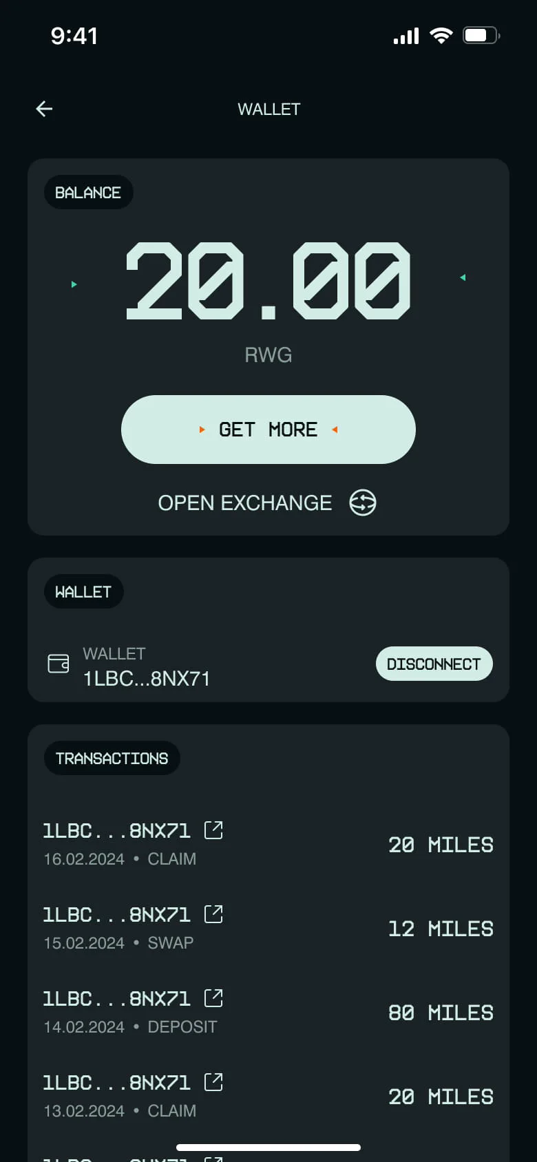 Wallet with the RWG token balance, connected wallet and transactions